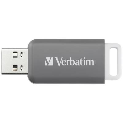 Ein grauer USB-Stick der Marke Verbatim mit einem weißen Verschluss.