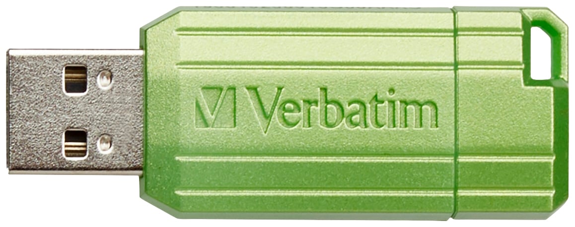 Grüner USB-Stick mit der Aufschrift 'Verbatim'. Entworfen für Datenspeicherung und -übertragung.
