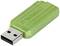 Ein grüner USB-Stick der Marke Verbatim, Ansicht von schräg oben.
