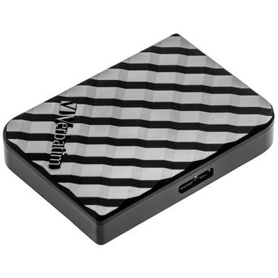 Externe Festplatte mit schwarz-grau gestreiftem Muster und USB-Anschluss, Marke 'Verbatim'. Profilansicht zeigt das schlanke Design.