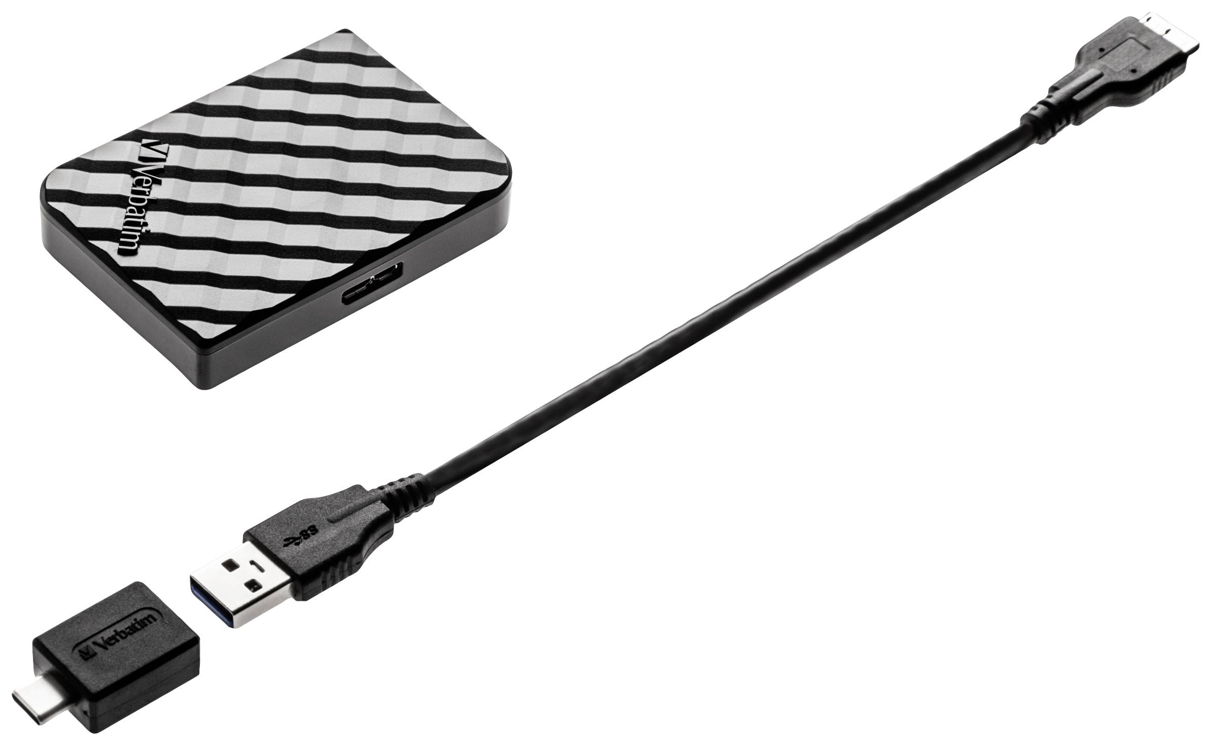 'Externe Festplatte' mit schwarzem, wellenförmigem Muster und einem USB-Verbindungskabel mit USB-A und Micro-B Anschlüssen.