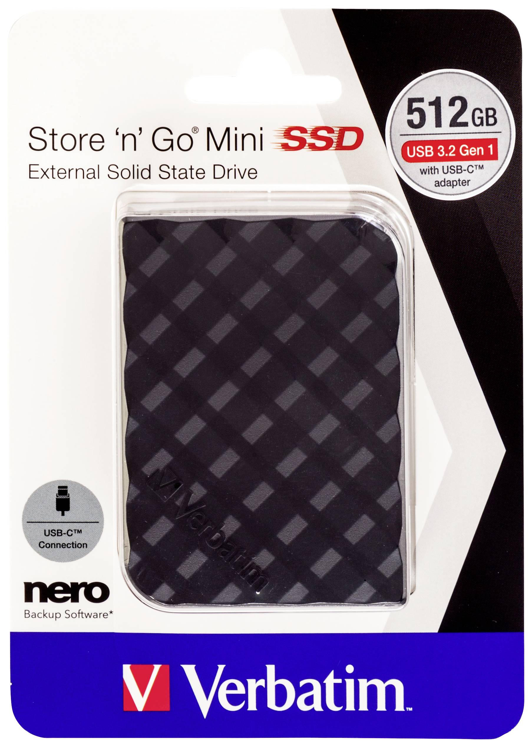 Externe SSD 'Verbatim Store 'n' Go Mini' mit 512 GB Kapazität. USB 3.2 Gen 1 Adapter und C-Kabel enthalten. Schwarzes, kariertes Design.