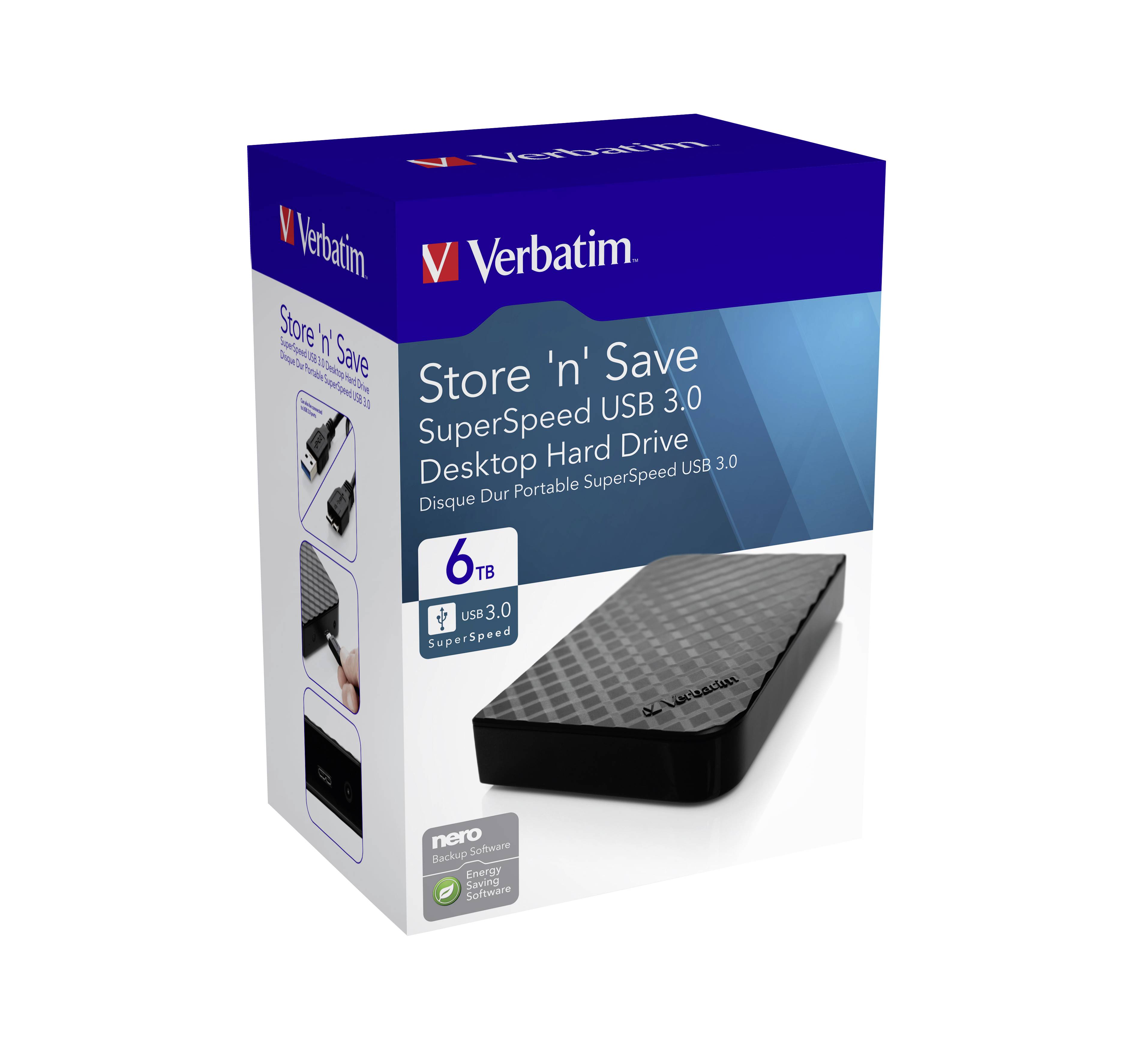 Externe Festplatte 'Verbatim Store 'n' Save' mit USB 3.0, 6 TB Kapazität, abgebildet in einer Verpackung mit Produktinformationen.