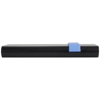Ein schwarzes, rechteckiges Etui mit einer blauen Schlaufe an der rechten Seite.