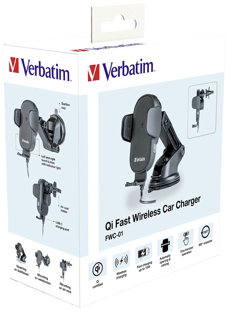'Qi Fast Wireless Car Charger' von Verbatim in Verpackung. Zeigt Produktmerkmale wie '360° drehbar', 'Einhandbedienung', 'Lüftungshalterung', 'USB-C-Anschluss'.