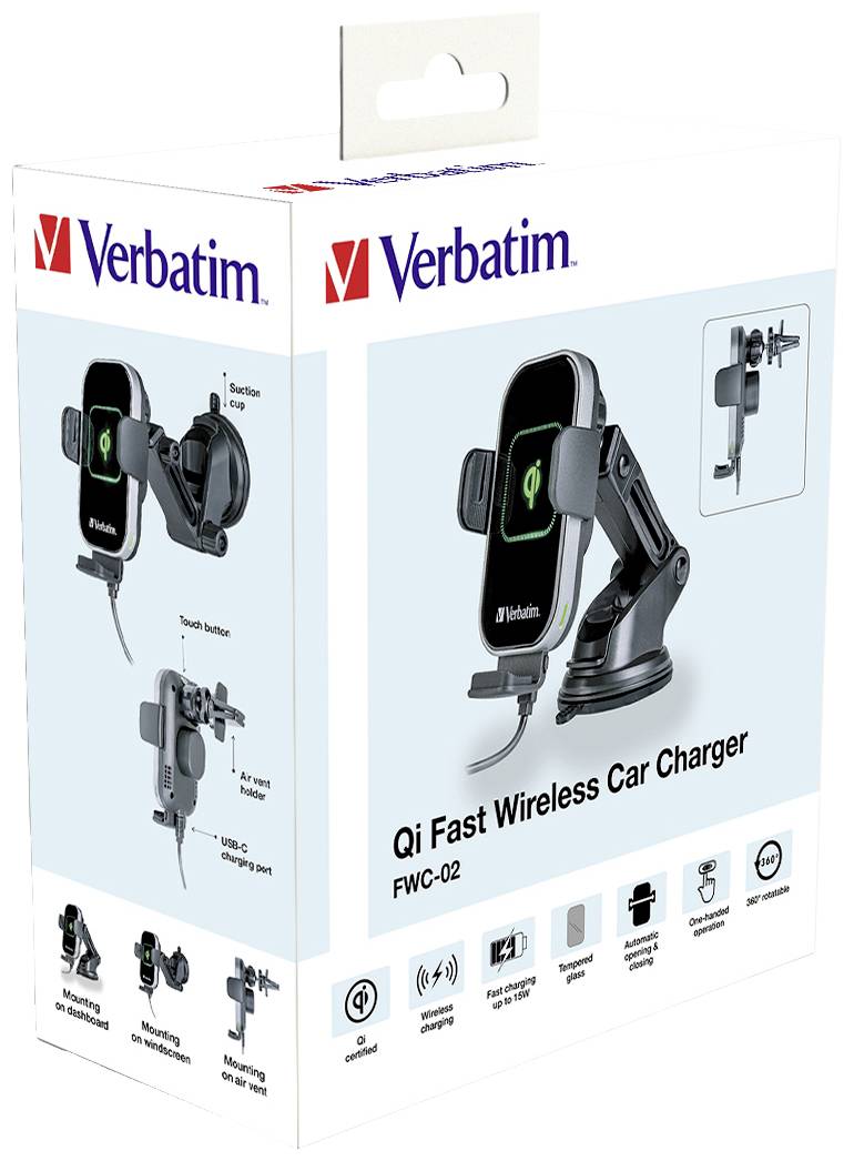 'Verbatim Qi Fast Wireless Car Charger FWC-02' Verpackung zeigt ein Telefonladegerät mit Halterung für Autos. Enthält Symbole und Produktmerkmale.