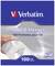 Verpackung für Verbatim CD-Hüllen. Zeigt Hand, die CD in weiße Hülle steckt. Enthält 100 Hüllen, Maße: 126mm x 126mm.