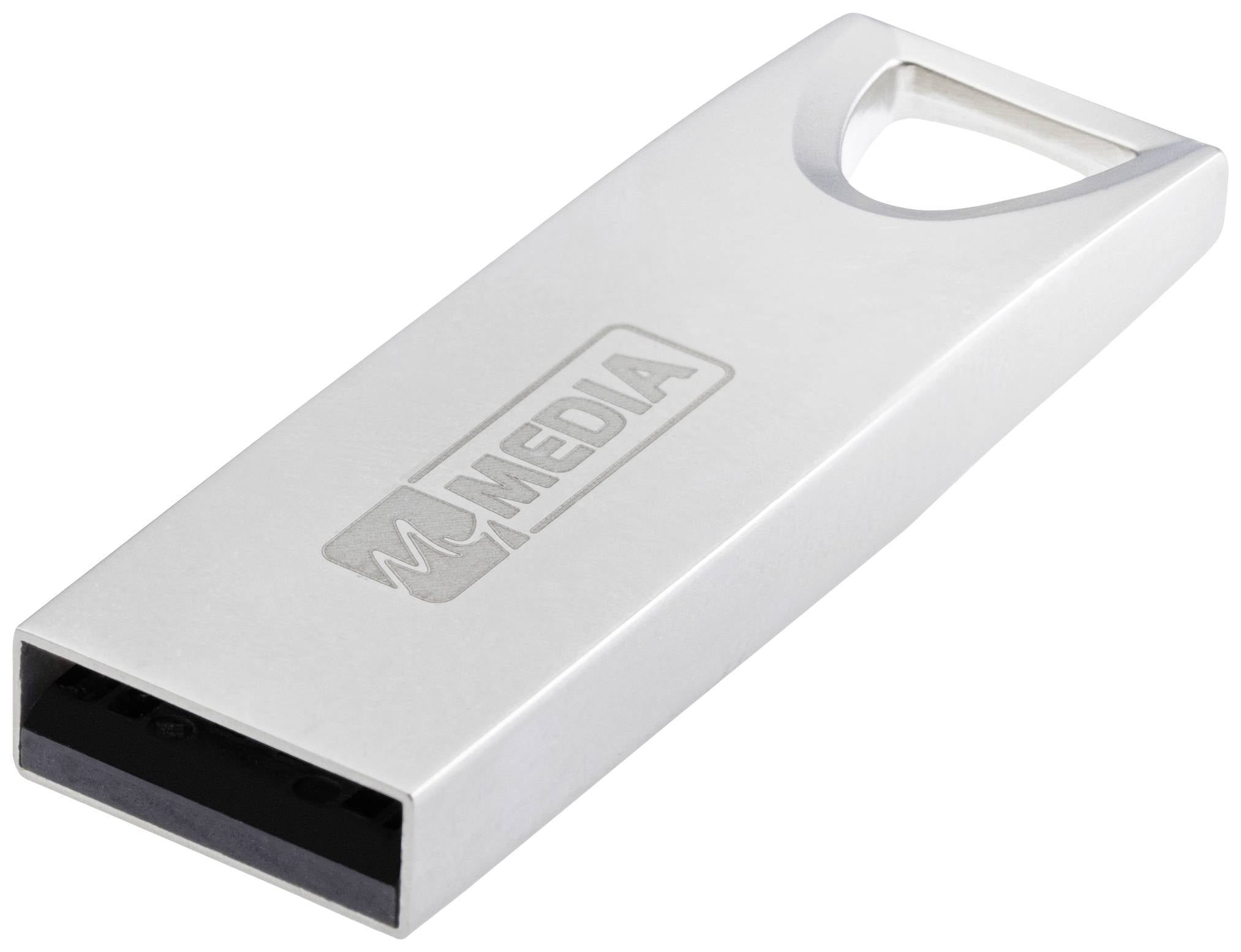 USB-Stick aus Metall mit dem Logo 'M MEDIA' eingraviert. Rechteckige Form mit abgerundetem Ende und Schlüsselringöffnung.