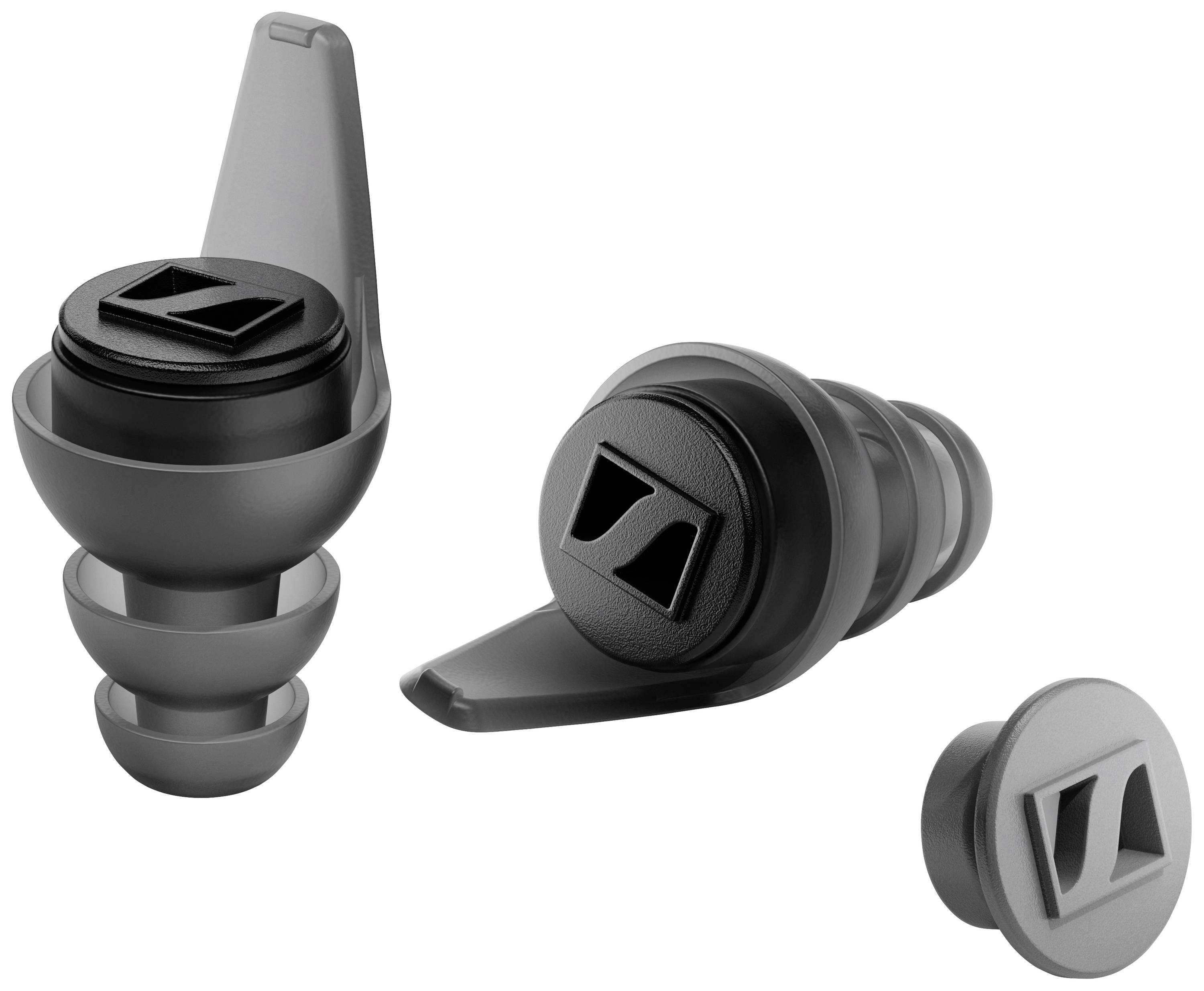 Zwei schwarze, schallisolierende Ohrstöpsel mit Logo und einer grauen Ersatzkappe.