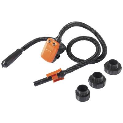 Eine orangefarbene Luftpumpe mit Schlauch und drei verschiedenen Düsenaufsätzen. Ideal zum Aufpumpen von Luftmatratzen oder Schlauchbooten.