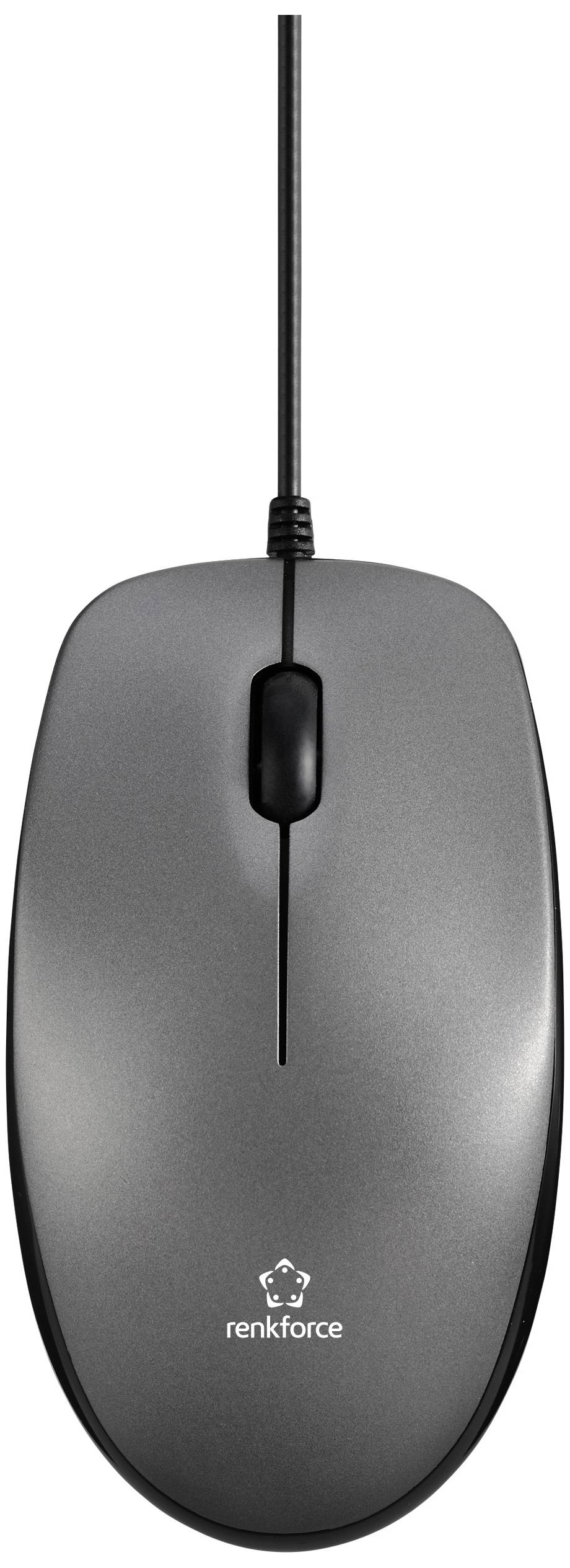 Computermouse mit Kabel, schwarzem Scrollrad und grauer Oberfläche.