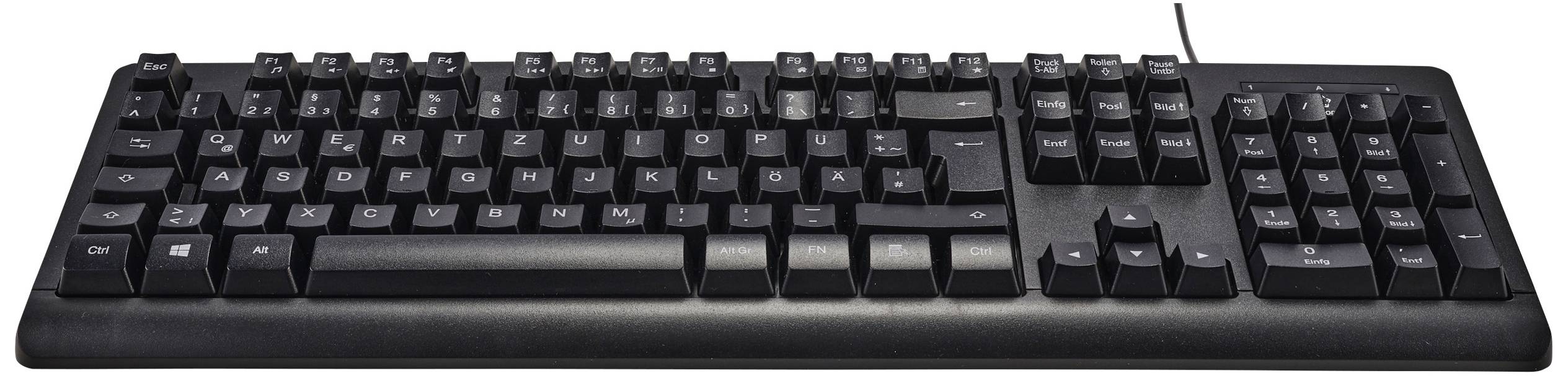 Schwarze Computer-Tastatur mit deutschem QWERTZ-Layout, beleuchtete Tasten und numerischem Tastenfeld.