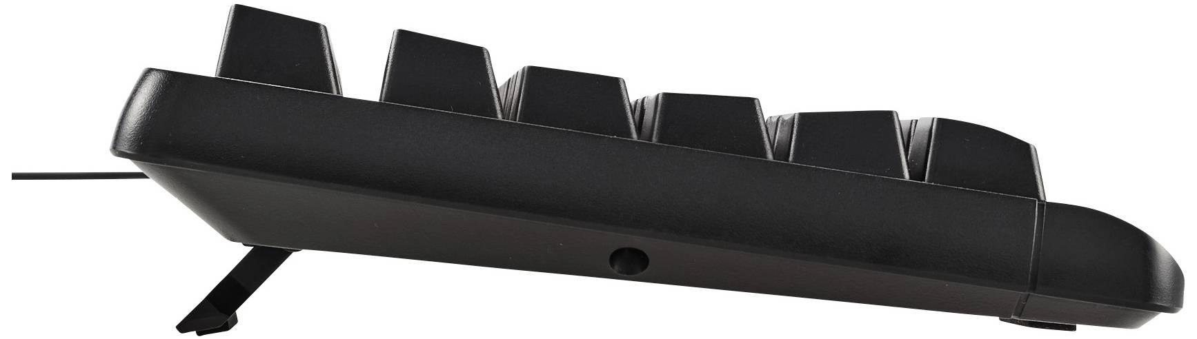 Seitliche Ansicht einer schwarzen Computertastatur, die leicht angehoben ist und deren Tasten in einem ergonomischen Winkel stehen.