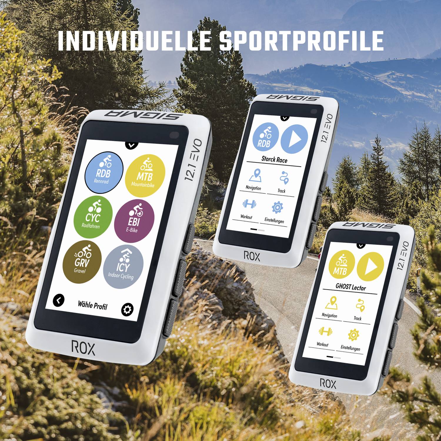 Das Bild zeigt drei Fahrradcomputer-Modelle der Marke Sigma vor einer Berglandschaft. Oben steht 'Individuelle Sportprofile'.