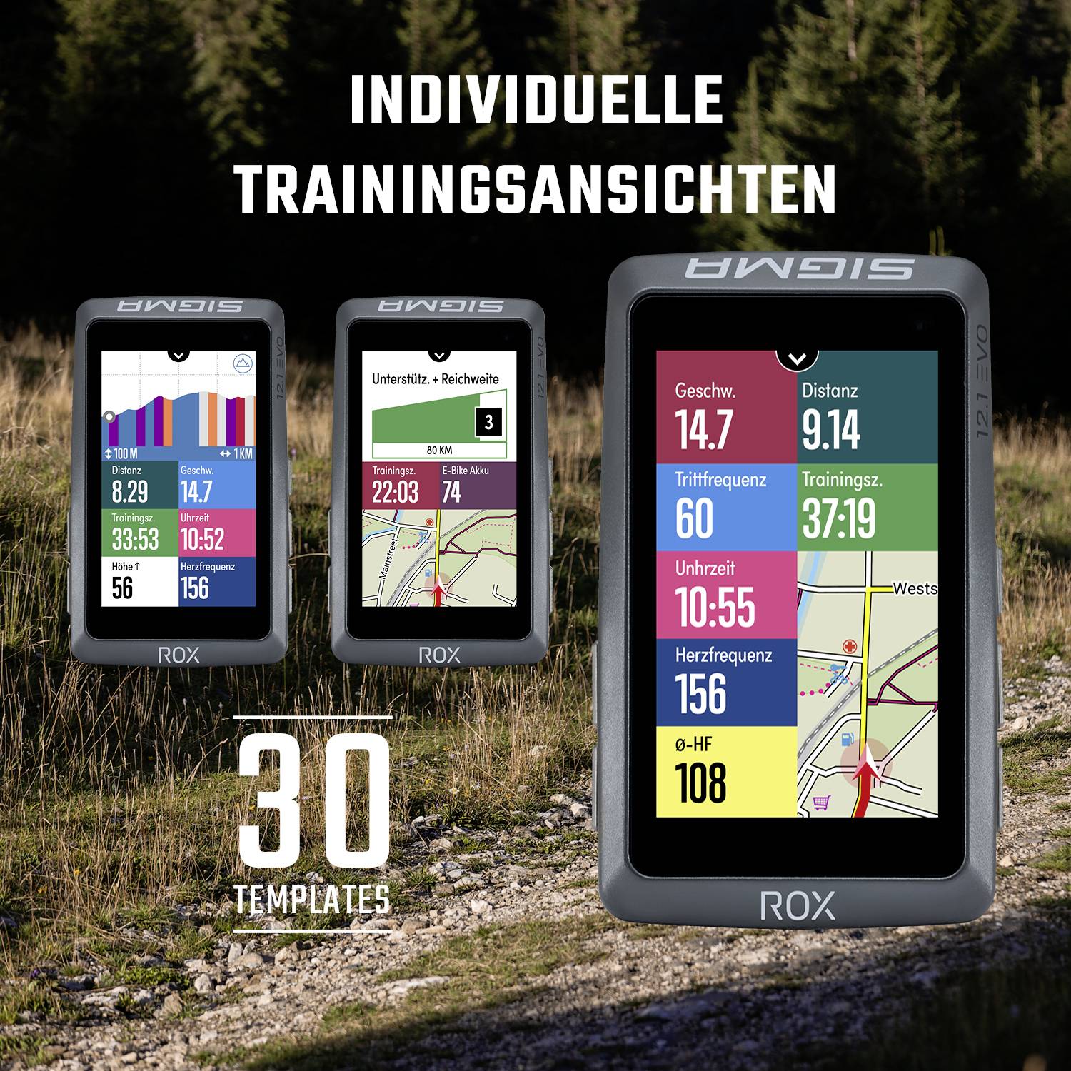 'Drei Gerätebildschirme zeigen Daten zu Trainingsansichten. Links: Diagramme, Mitte: Statistiken, Rechts: Karte. Text: "Individuelle Trainingsansichten".'