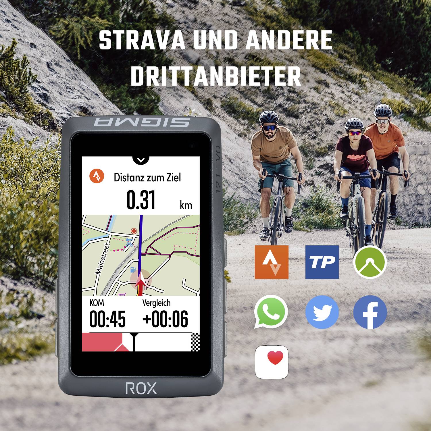 Drei Radfahrer fahren auf einer Straße. Ein GPS-Gerät auf dem Bild zeigt '0.31 km zum Ziel'. Symbole von Drittanbieter-Apps sind zu sehen.