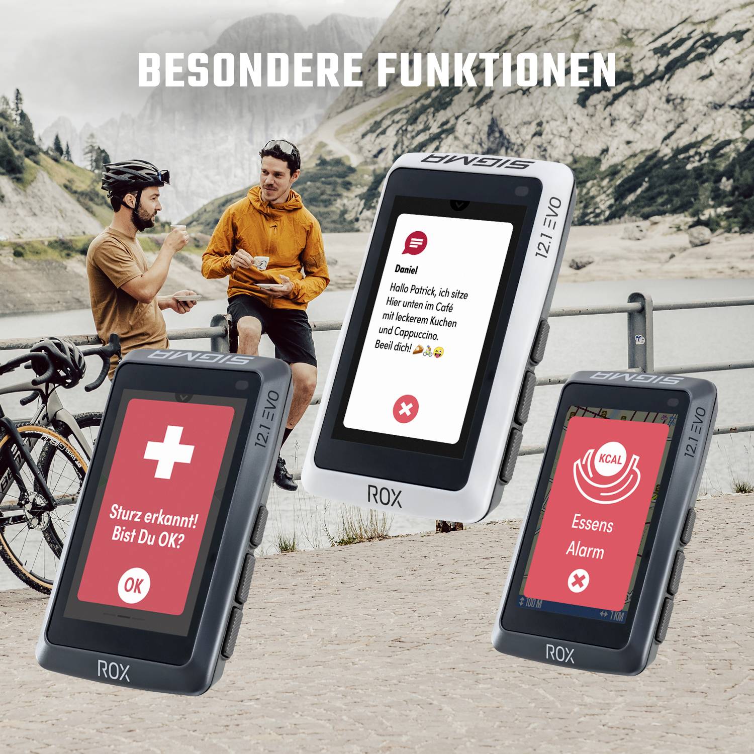 Zwei Radfahrer unterhalten sich vor einer Berglandschaft. Im Vordergrund sind Fahrradcomputer mit Texten wie 'Sturz erkannt! Bist Du OK?' und 'Essensalarm' abgebildet, die Funktionen zeigen.