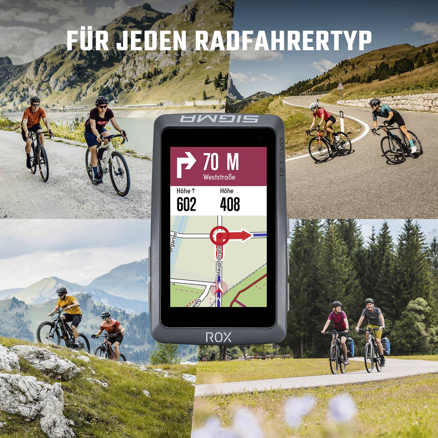 Fahrradfahrer auf verschiedenen Strecken mit einem GPS-Gerät von Sigma in der Mitte, umgeben von Bergen und Wäldern.