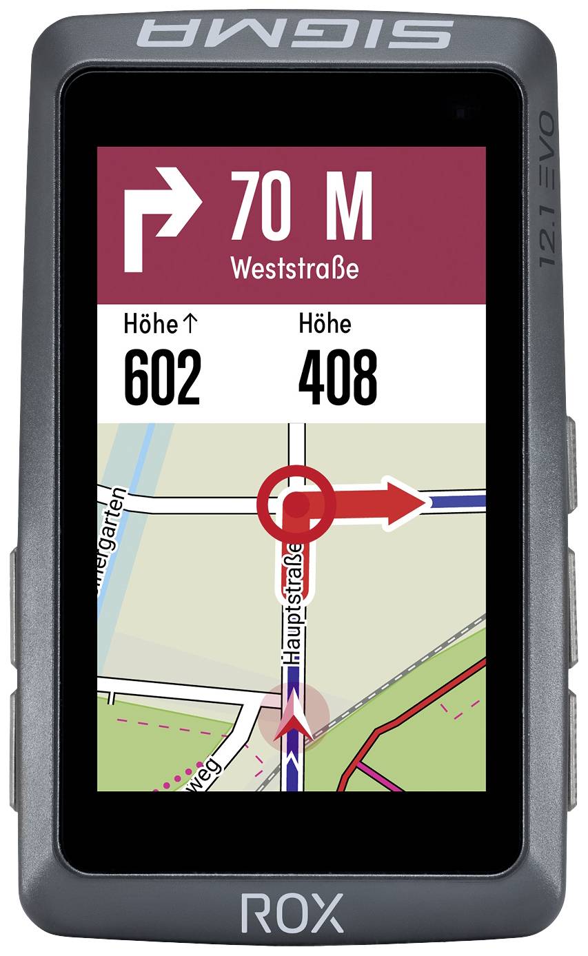 Navigationsgerät zeigt Richtungsanweisung 'rechts abbiegen in 70 Metern auf Weststraße'. Höhenunterschied angezeigt.