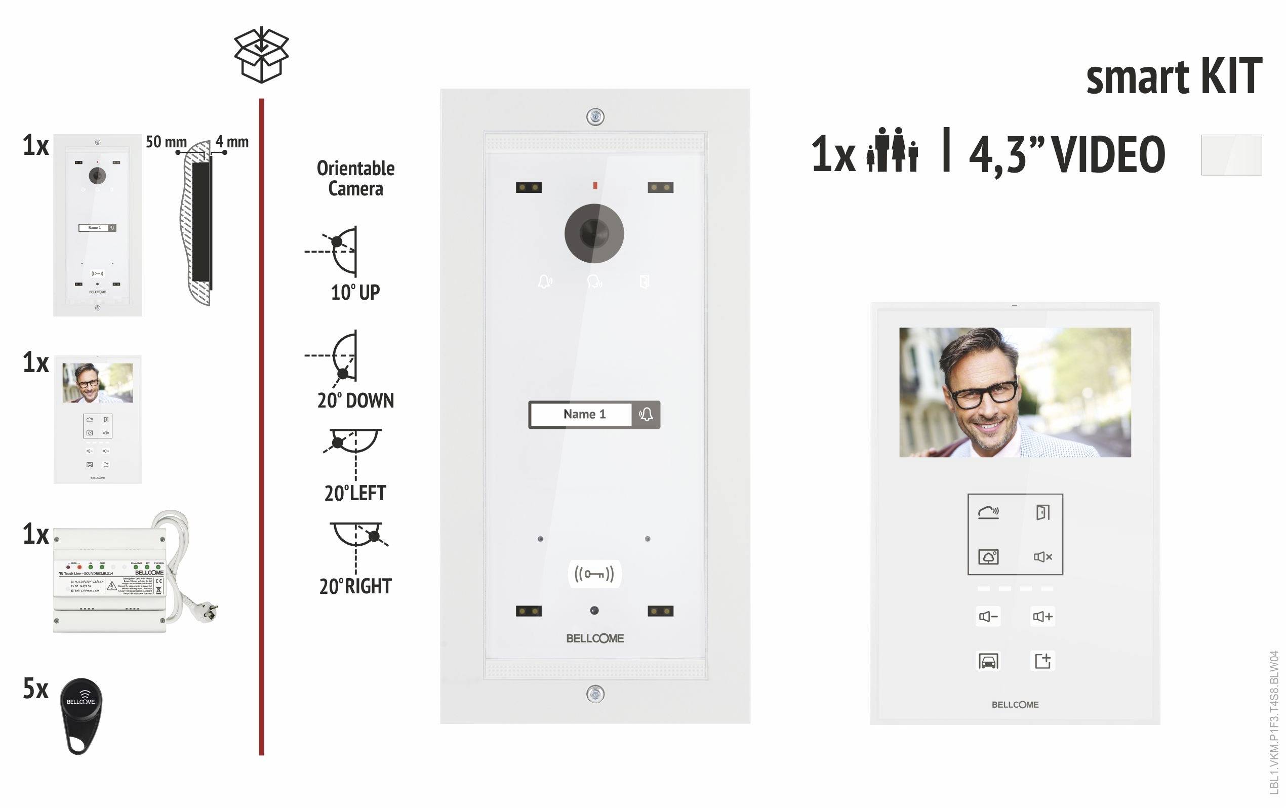 'Smart-KIT' Videotürklingel-Set in Weiß, beinhaltet orientierbare Kamera und 4,3"-Monitor. Wandhalterung und Stromversorgung inklusive.