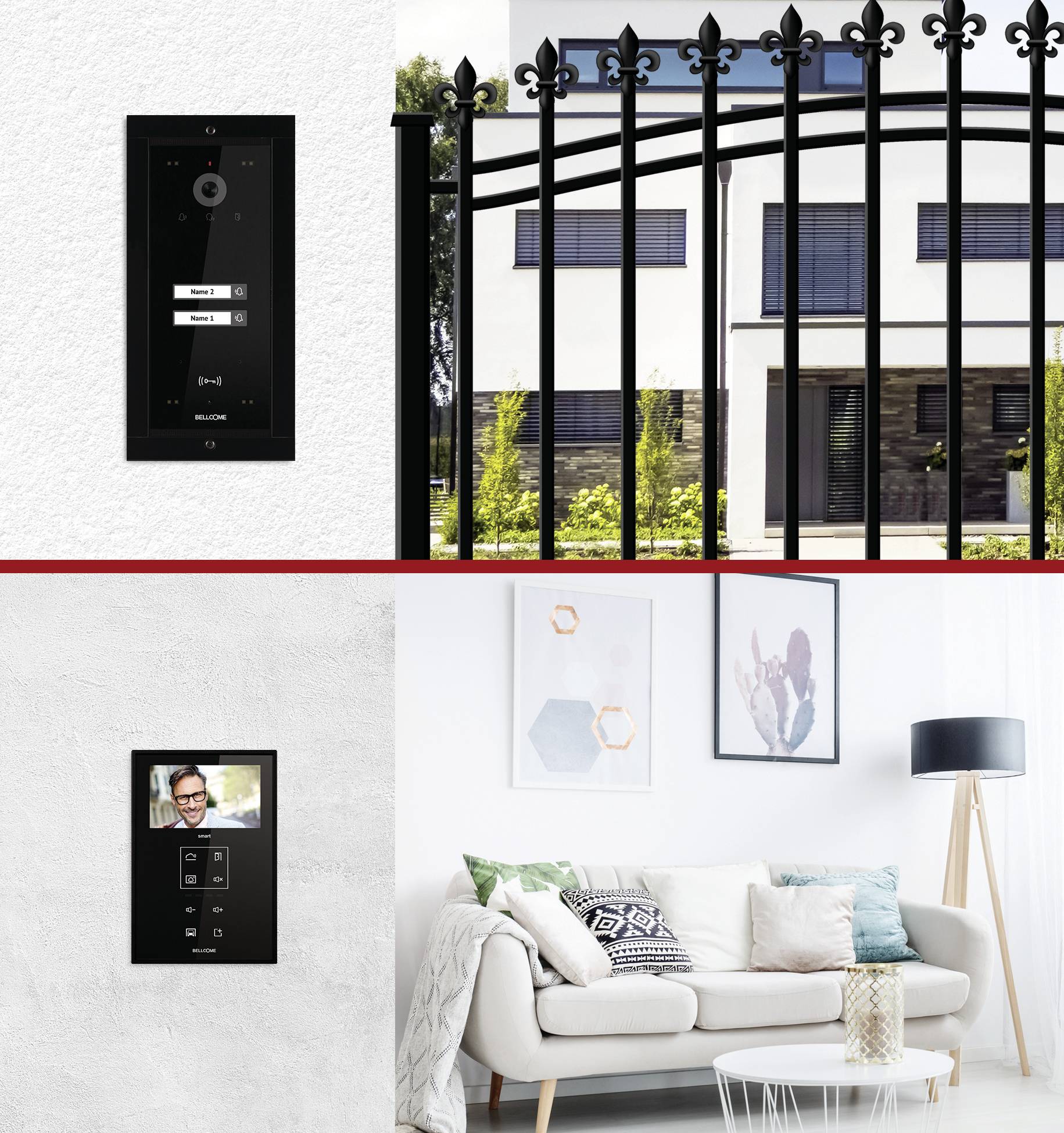 'Smart-Home-Sicherheitssystem: Kamera an der Tür, Videoanruf auf Bildschirm, modernes Haus im Hintergrund, Innenansicht mit Sofa.'