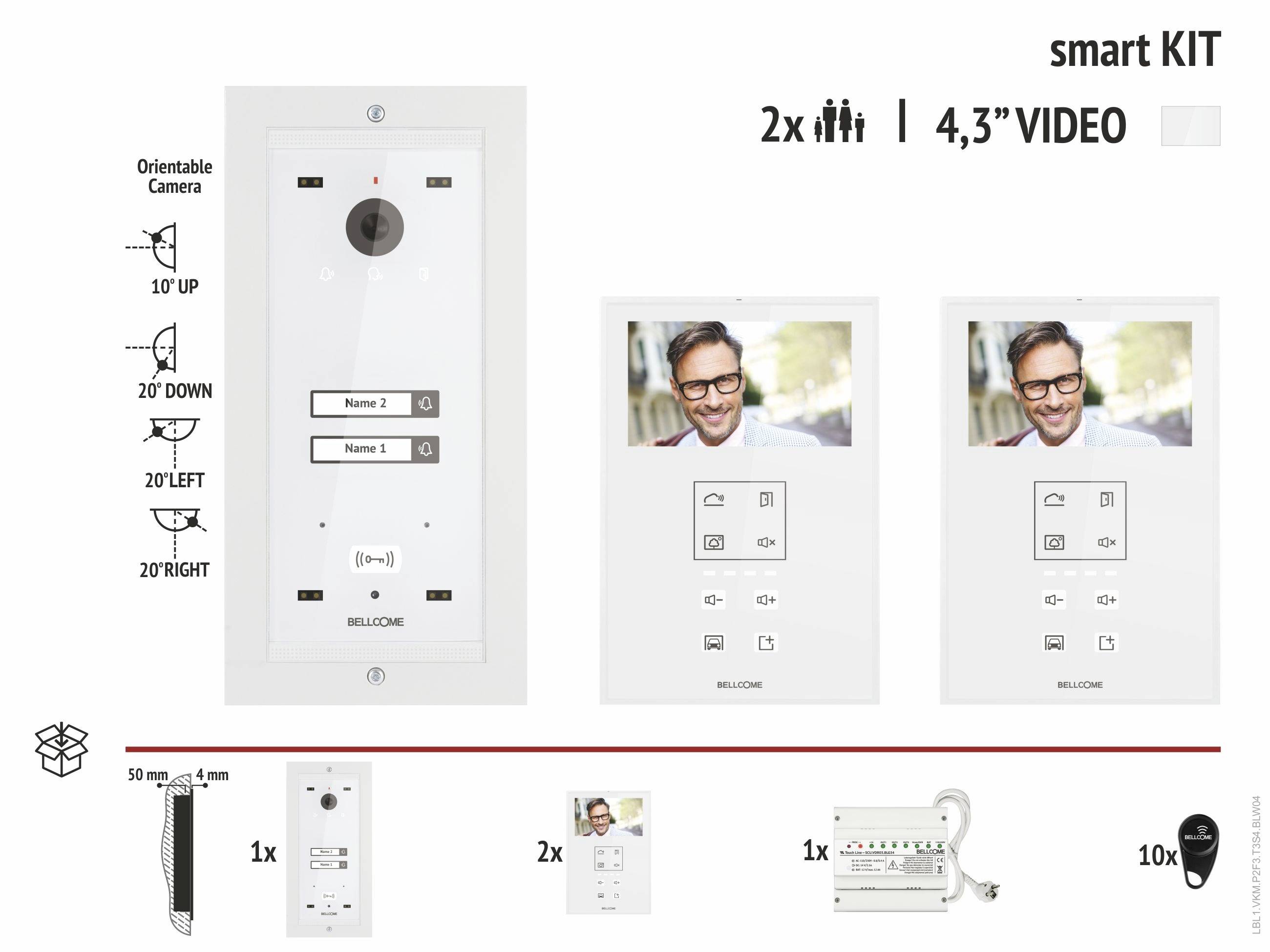 'Smart KIT' mit orientierbarer Kamera, Video-Gegensprechanlage für 2 Wohnungen. Zwei Monitore mit 4,3-Zoll-Bildschirm.