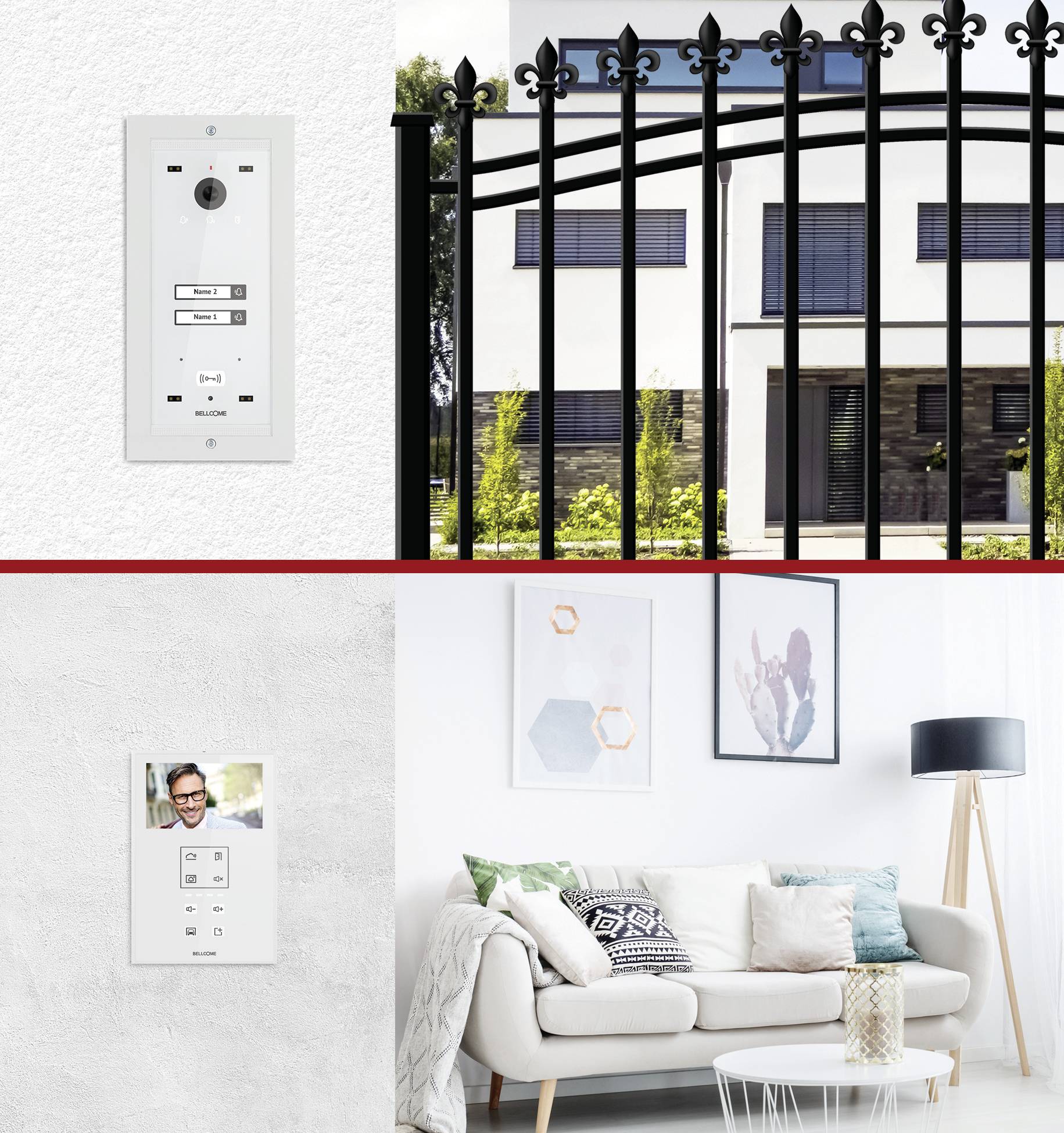 'Intelligente Haussteuerung': Bild zeigt ein modernes Wohnzimmer mit einem Steuerungspanel an der Wand und eine moderne Fassade mit Zaun.