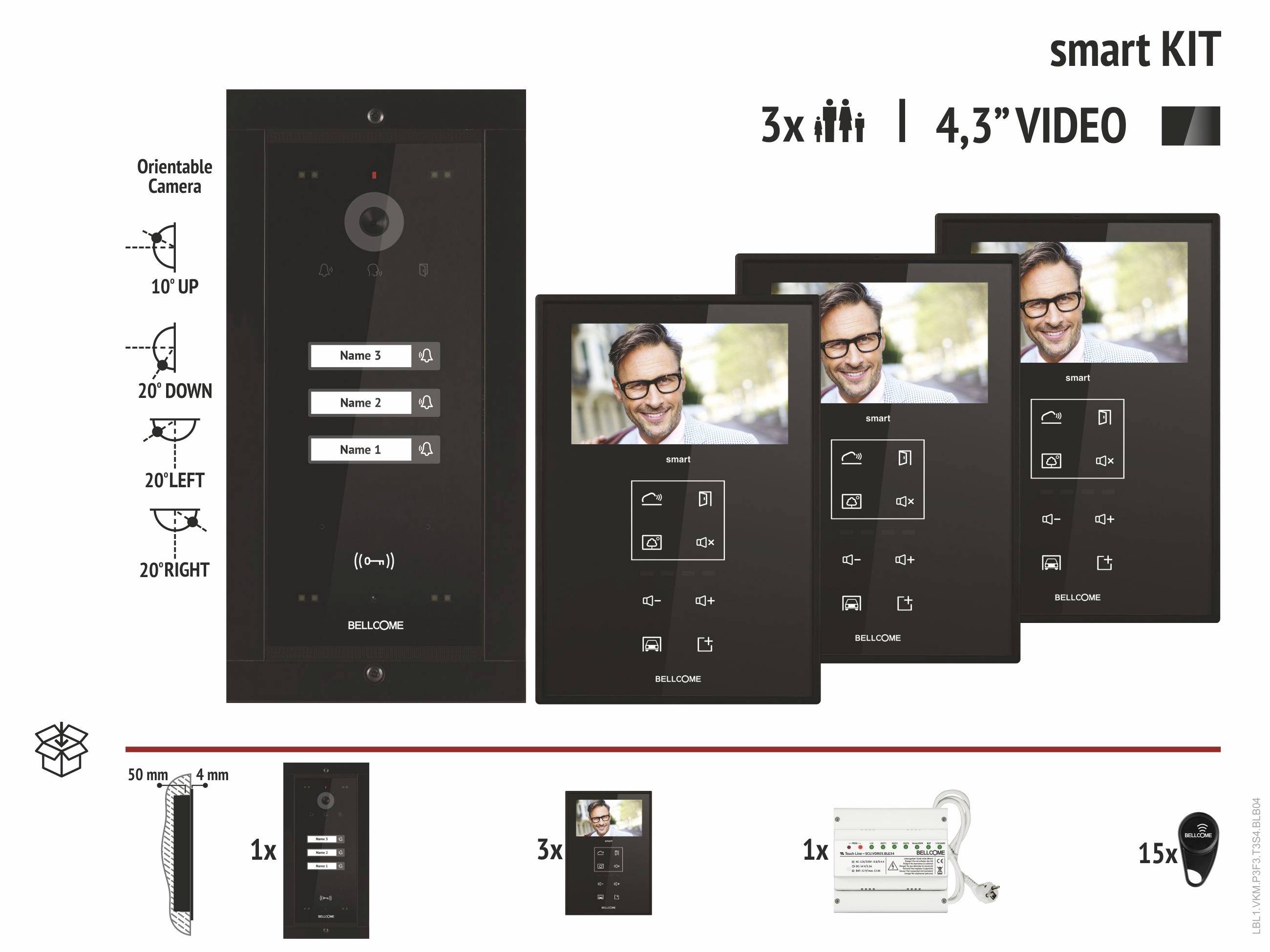 'Smart KIT' Türkommunikationssystem mit drei 4,3-Zoll-Video-Einheiten, schwenkbarer Kamera und Zubehör wie Kabel und Verteiler.