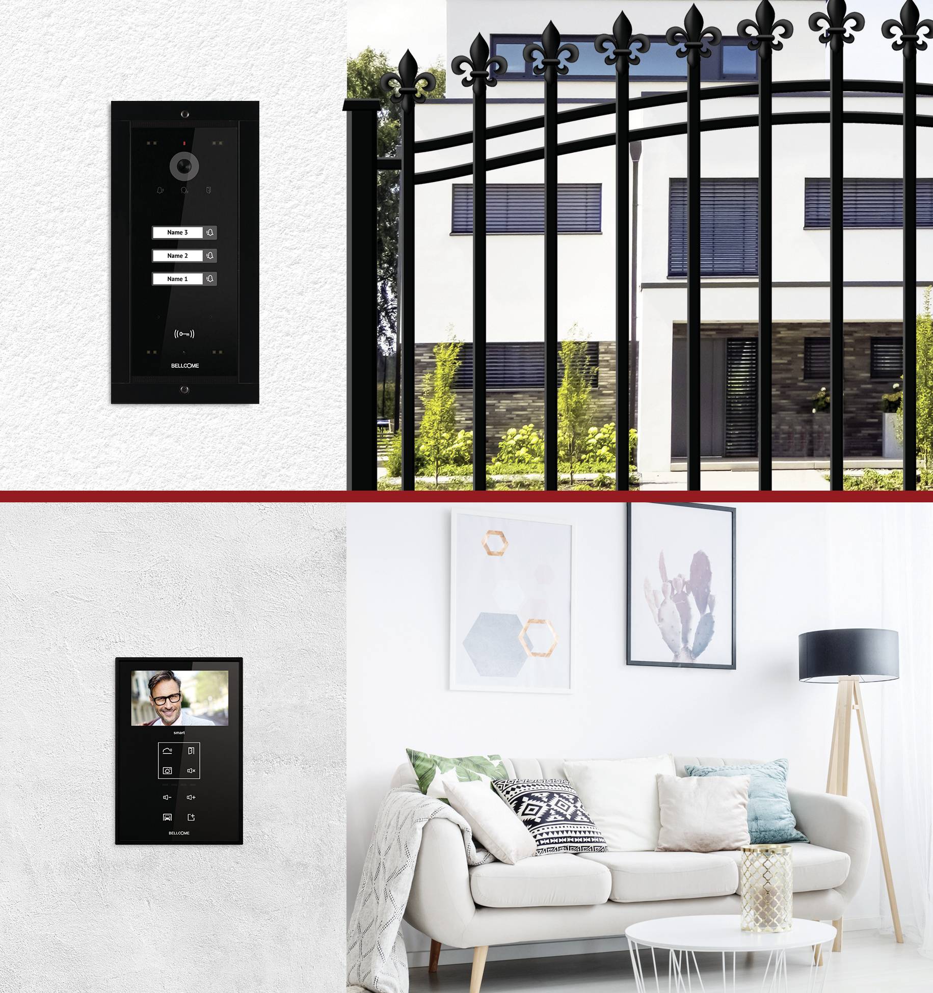 Eine mehrteilige Bildkomposition: Oben links eine Gegensprechanlage, rechts ein modernes Haus hinter einem Zaun. Unten eine Wohnzimmerszene mit Intercom-Bildschirm.