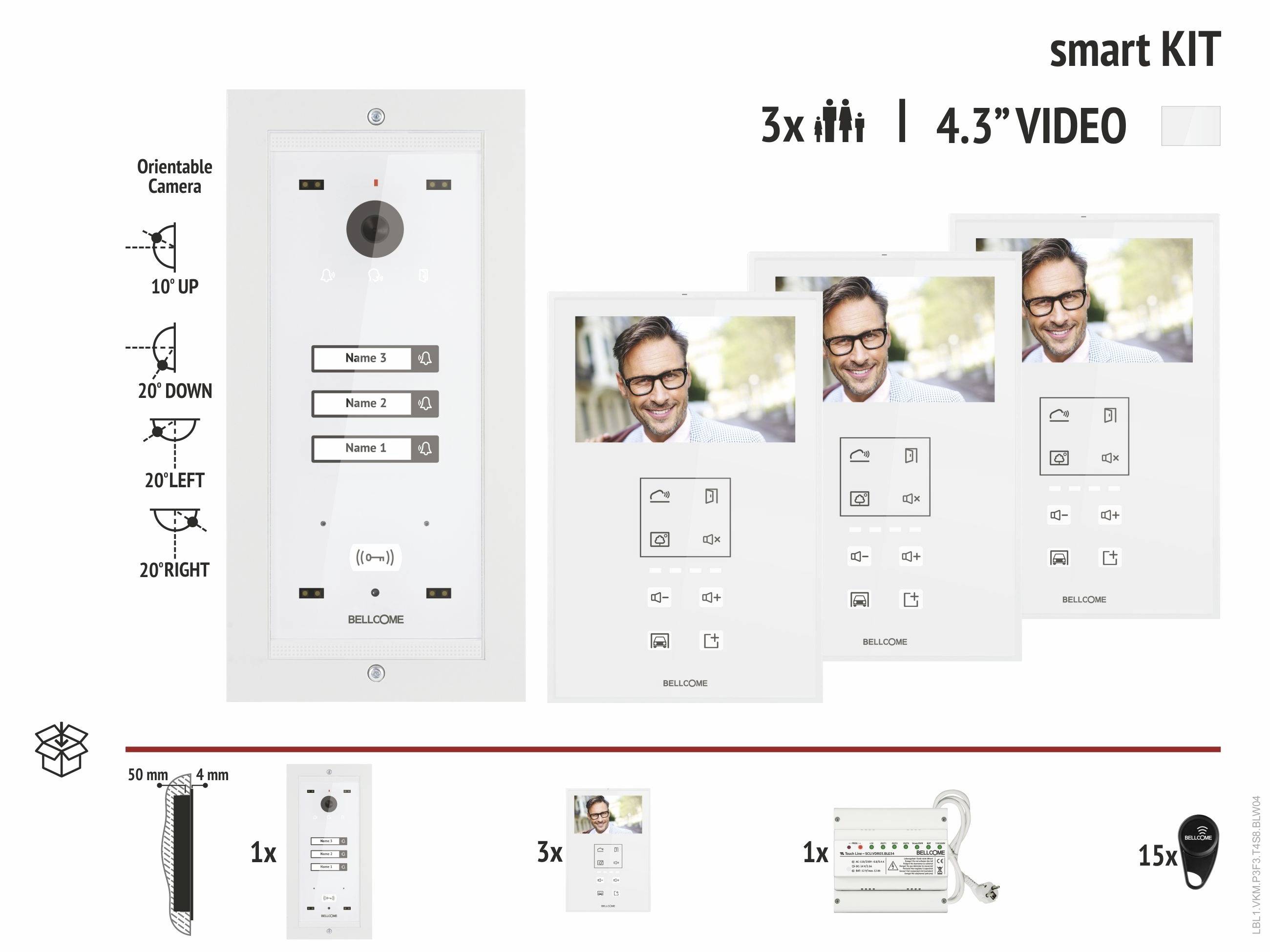 'Intercom-Set mit drei 4,3-Zoll-Video-Türsprechanlagen, orientierbarer Kamera, und Montagezubehör. Zeigt Person auf Bildschirmen.'