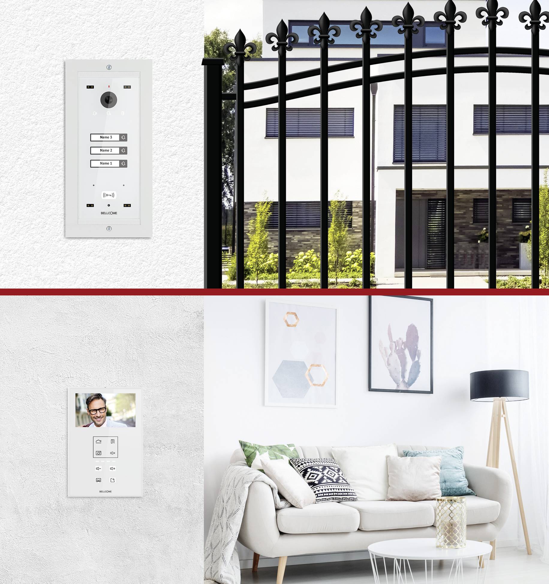 Ein modernes Wohnhaus mit schwarzem Zaun. Darunter ein Bild von einem hellen Wohnzimmer mit Sofa. Links zwei Schalter an einer Wand montiert.