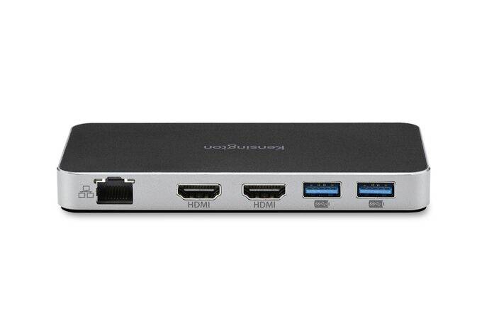 Ein schwarzer Adapter mit mehreren Anschlüssen: zwei HDMI, zwei USB, und ein Netzwerkkabelanschluss. Ideal für Konnektivität.
