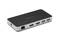 Schwarzer multifunktionaler USB-C-Hub mit Ethernet-, HDMI- und USB-Anschlüssen auf weißem Hintergrund.