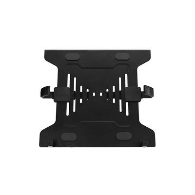 Eine schwarze, rechteckige Tablet-Halterung mit verstellbaren Klammern an den Seiten und Lüftungsschlitzen in der Mitte.
