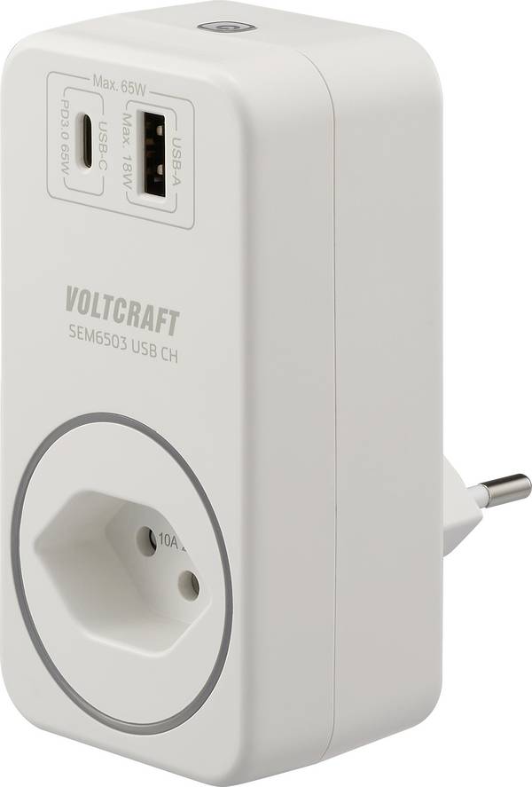 VOLTCRAFT SEM6503 CH Energiekosten-Messgerät USB-Schnittstelle, inkl. Funksteckdose, Datenexport, Datenloggerfunktion, Kostenprognose, TRMS, Stromtarif einstellbar, mit App-Steuerung, Internet-Anbindung, USB-Messung (Ladeleistung)