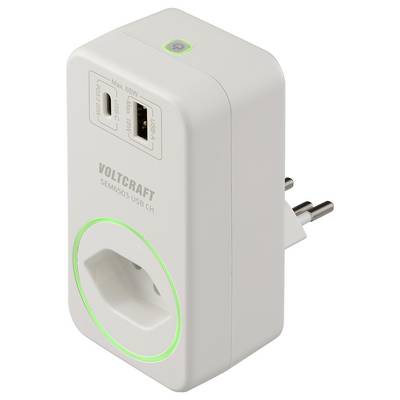 Ein weißer Voltcraft SEM6503 USB CH Stromadapter mit zwei USB-Anschlüssen und einem Stromstecker, mit einer grün beleuchteten Stromschaltfläche.