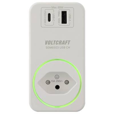 Voltcraft SEM6503 USB-CH-Stromadapter mit USB-C-Anschluss (max. 65W) und USB-A-Anschluss (max. 18W) sowie europäischer Steckdose.