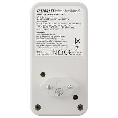 Ein Gerät mit Beschriftungen und Spezifikationen, die die Modellnummer SEM6503 USB CH anzeigen. Zu den Funktionen gehören USB-Ausgänge und eine Warnung zur Verwendung im Innenbereich.