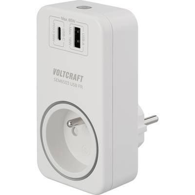 Ein weißes Voltcraft Stecker-Strommessgerät mit USB-C und USB-A Anschlüssen, beschriftet mit „Max. 65W" und „USB-C 18W", konzipiert zur Überwachung der Stromversorgung.