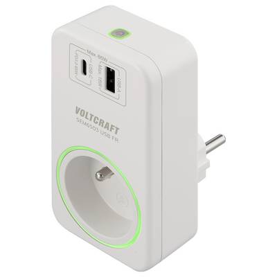 Ein weißes Voltcraft SEM6503 USB-Ladegerät mit europäischem Stecker, mit USB-C-Anschluss und USB-A-Anschluss, maximale 65-W-Ausgangsleistung.