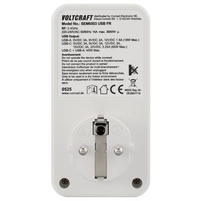 „VOLTCRAFT SEM6503 USB FR Energiemessgerät mit Anzeige von Modell und Spezifikationen. Ausstattungsmerkmale umfassen USB-Ausgänge und Energiebewertungen."