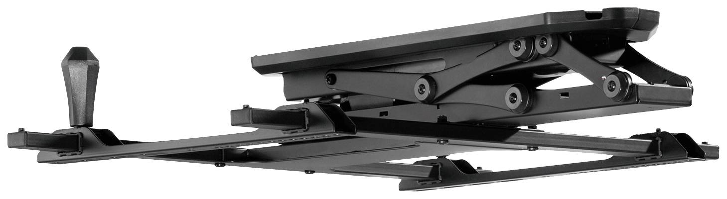 Ein schwarzer, verstellbarer Unterbau aus Metall mit Hebelmechanismus, verwendet für die Höhenverstellung von Geräten oder Möbeln.