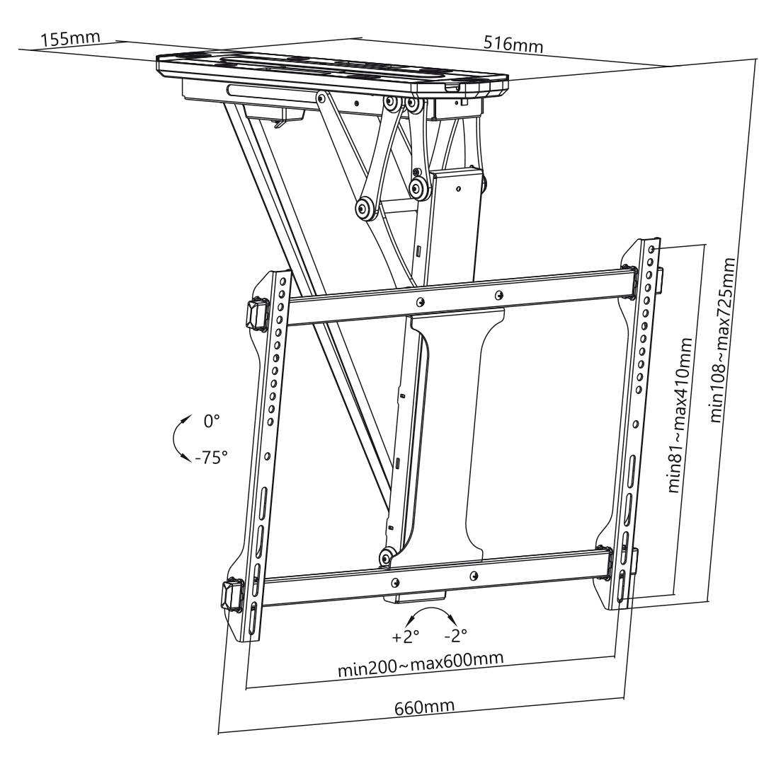 Illustration einer verstellbaren Halterung mit Maßen: Breite 660 mm, Tiefe 516 mm, Höhenverstellbereich 275 mm, Neigungswinkel 0° bis -75°.