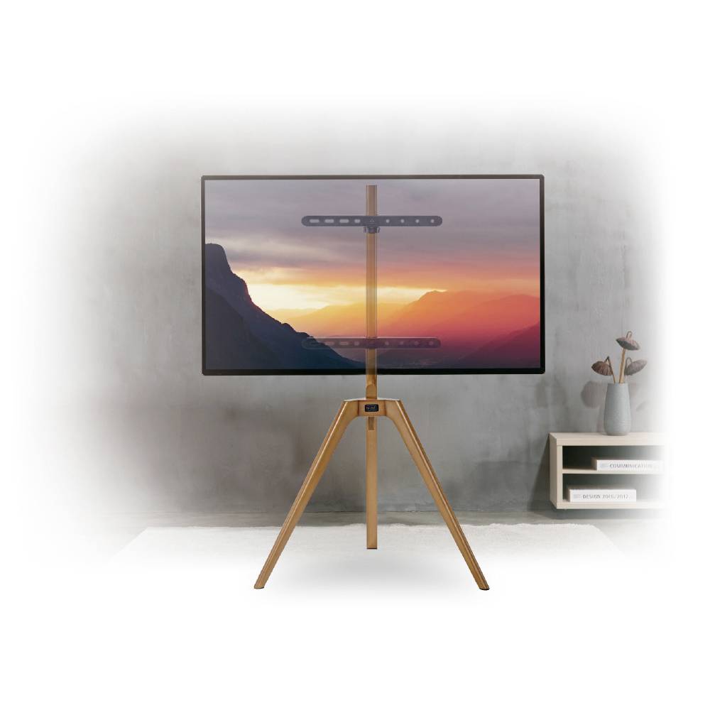 Moderner Flatscreen-Fernseher auf einem Holzständer mit einem Sonnenuntergang auf dem Bildschirm, platziert vor einer grauen Wand.