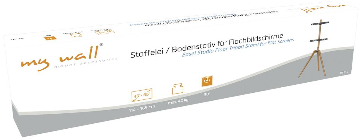 'Easel Studio Floor Tripod Stand für Flachbildschirme' Verpackung zeigt Markenlogo und Produktspezifikationen.