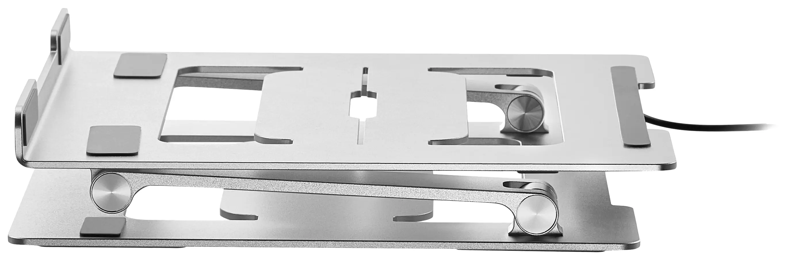 Ein verstellbarer Laptop-Ständer aus Metall, anpassbar in der Höhe und Neigung. Kabelmanagement-Funktion integriert.