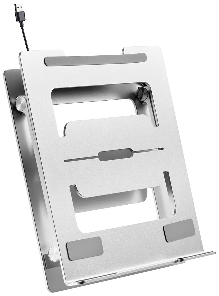 Metallischer Laptop-Ständer mit verstellbarem Neigungswinkel. Oben USB-Anschluss. Geeignet für Verbesserung der Laptop-Belüftung.