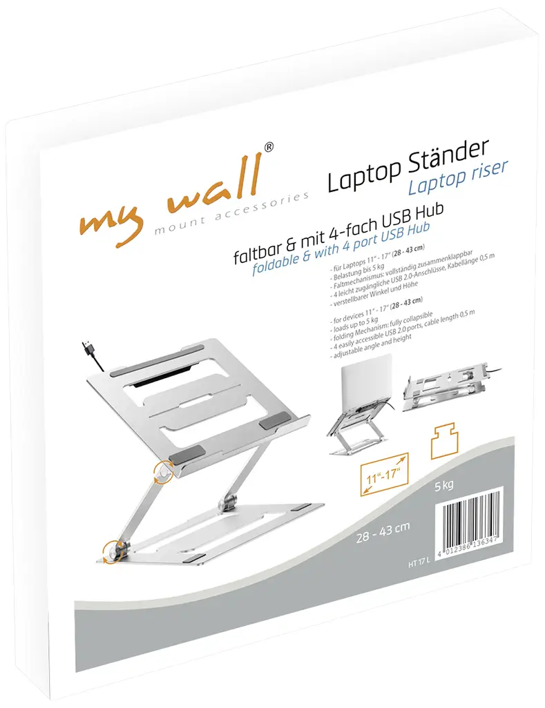 'My wall Laptop Ständer' Verpackung: faltbarer Ständer mit 4-fach USB-Hub, geeignet für 11"-17" Laptops.