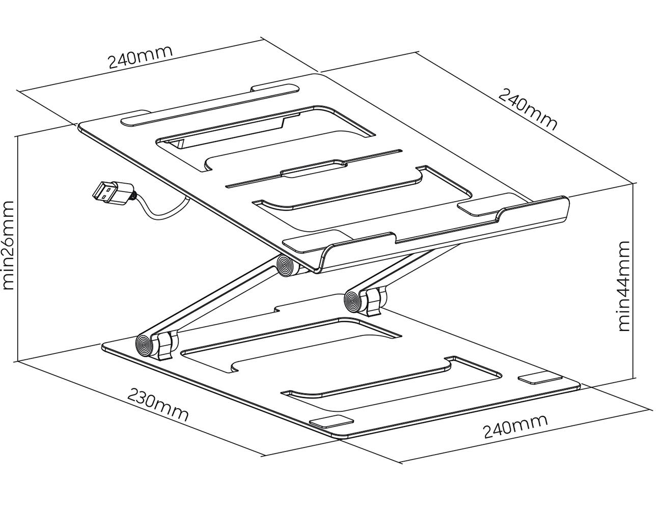Tragbarer, verstellbarer Laptopständer aus Metall. Zeichnung zeigt Maße: Höhe min. 26 mm bis max. 144 mm; Breite 240 mm; Tiefe 230 mm.