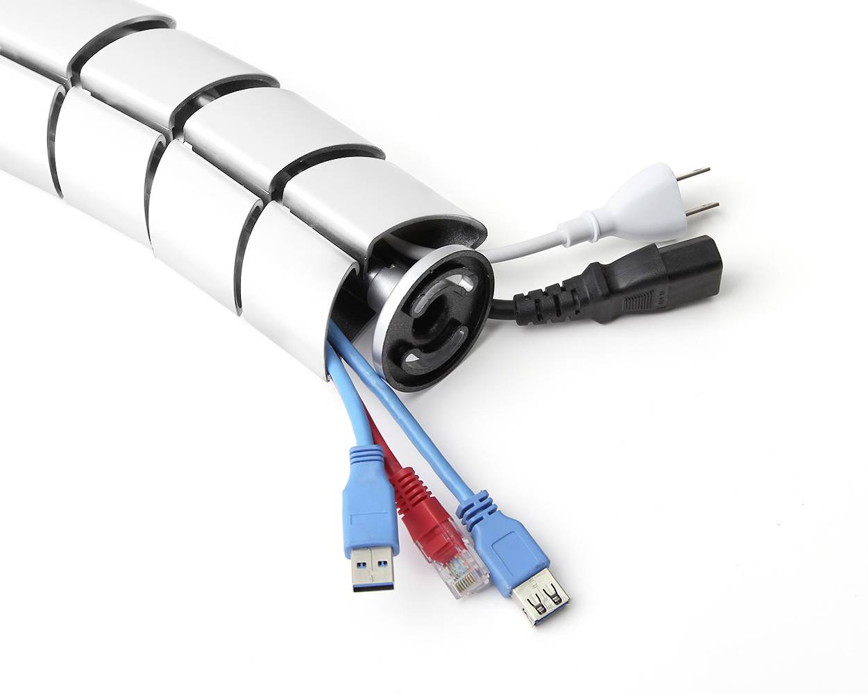 Kabelmanagementsystem mit flexibler Hülle; enthält USB- und Steckerkabel. Ideal zur ordentlichen Organisation von Kabeln.